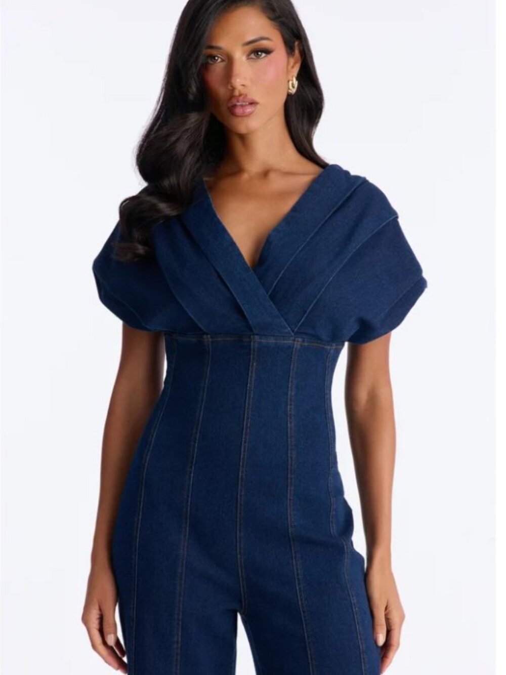 Fashion Nova Navy Blue Denim Wide-Leg Jumpsuit SUPER CHIC,STRETCHY NEW WITH TAG